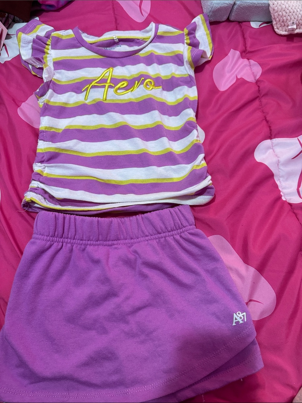 Aeropostale Purple , White & Yellow Striped Tee with Pink Skort